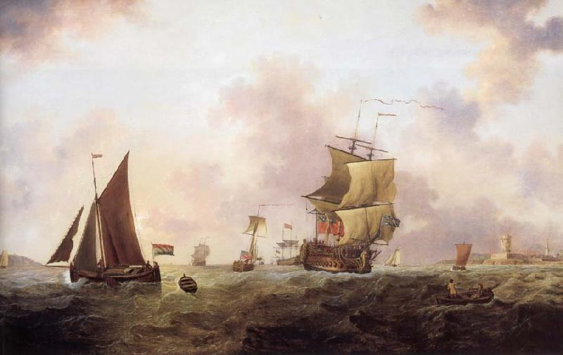 Francis Swaine A two-decker of the Royal Navy and other shipping off St.Peter Port oil painting image